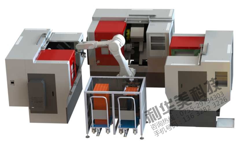 加工中心關(guān)節(jié)機(jī)器人一對(duì)三配推車多盤料倉(cāng)